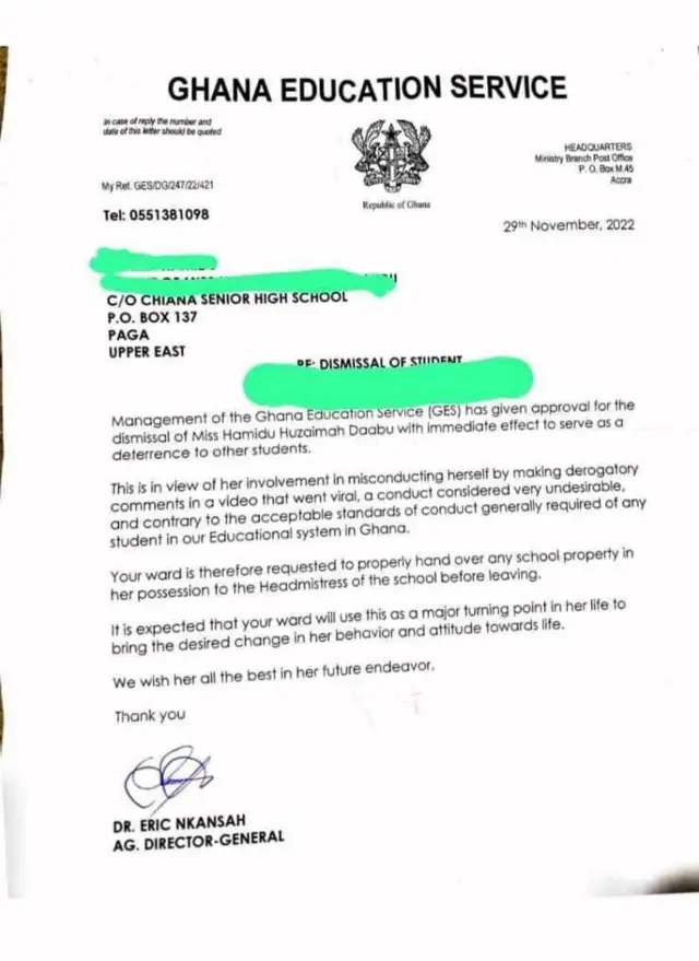 Di letter wey expel di student ova viral video