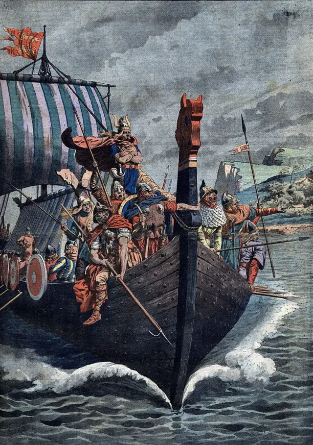رسم يوضح وصول الفايكيغ إلى شواطئ نورماندي في فرنسا