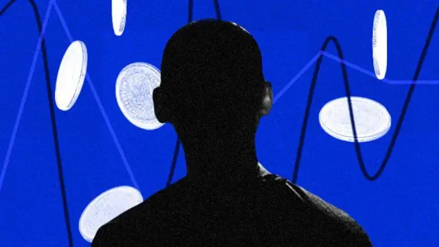 Vulto de homem, de costas, olha para moedas flutuando à sua frente