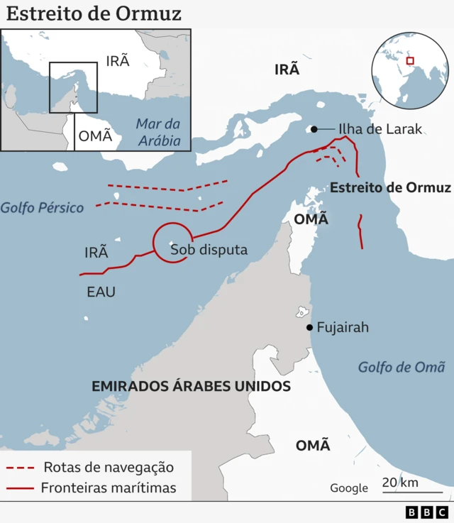 Mapa mostra Estreito de Ormuz