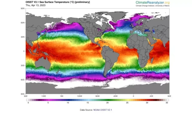 แผนที่แสดงอุณหภูมิผิวน้ำของมหาสมุทรทั่วโลก เมื่อวันที่ 13 เม.ย. 2023 