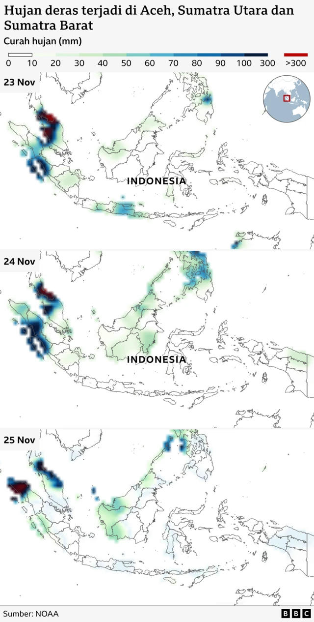 Peta curah hujan di tiga provinsi pada 23 November hingga 25 November 2025.