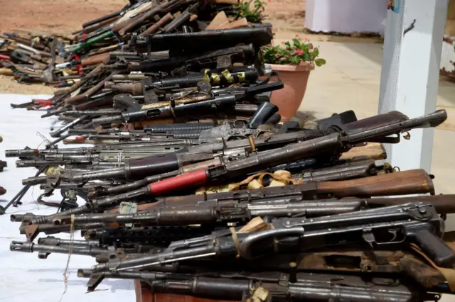 Dozens of weapons wey military recover from bandits during Operation Safe fo April 21, 2022 