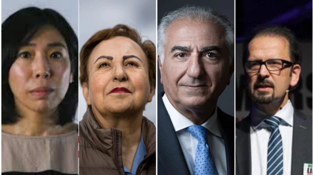 از چپ به راست: مای ساتو، شیرین عبادی، شاهزاده رضا پهلوی، محمود امیری‌مقدم