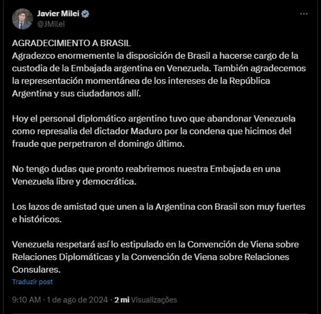 A imagem é uma publicaçãobot casino onlineMilei na rede socialbot casino onlineque ele agradece o Brasil por comandar a embaixada argentina na Venezuela