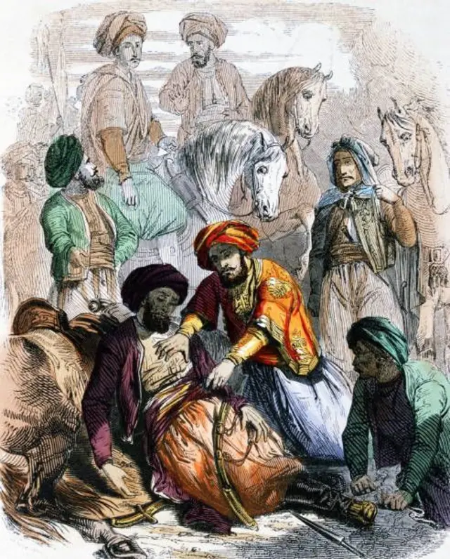 رسم لإبراهيم باشا (الابن الأكبر لمحمد علي) وهو يسري عن جندي يحتضر في الجزيرة العربية 1818