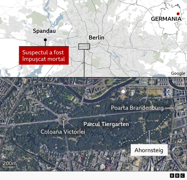 O hartă arată locația Spandau în vestul Berlinului, unde suspectul a fost împușcat mortal, cu o etichetă care menționează acest lucru. O a doua hartă arată Parcul Tiergarten în stânga Porții Brandenburg și o etichetă pentru strada Ahurnsteig.