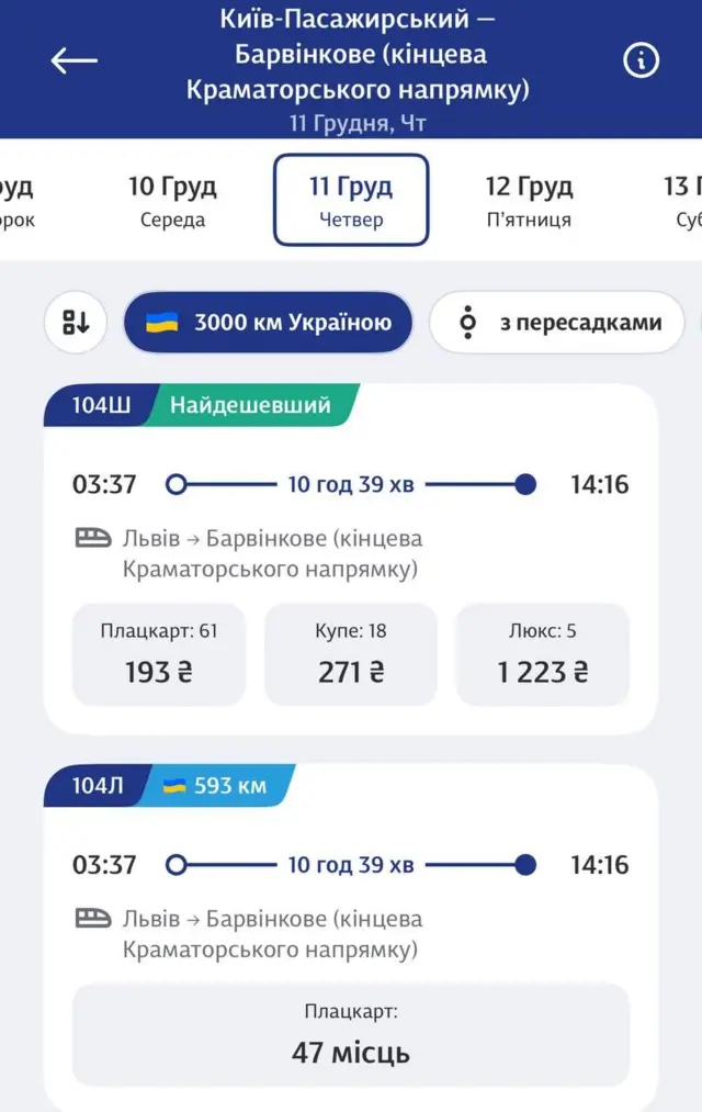 Скрін додатку Укрзалізниці про безкоштовні квитки. Укрзалізниця, УЗ-3000, безкоштовні квикти