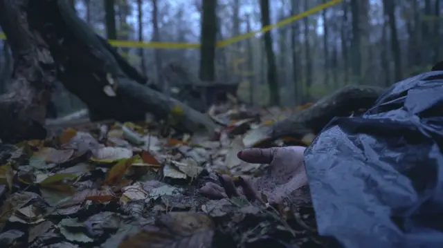 Лісова місцевість, обтягнута жовтою стрічкою, що позначає роботу слідчих. На землі серед опалого листя видно людську руку поруч із темним пакетом, що створює враження місця можливого злочину.
