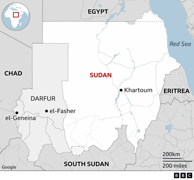 Maapụ na-egosi ebe el-Fasher na el-Geneina dị n'ọdịda anyanwụ Sudan. El Geneina dị nso n'ókèala ọdịda anyanwụ obodo ahụ na Chad.