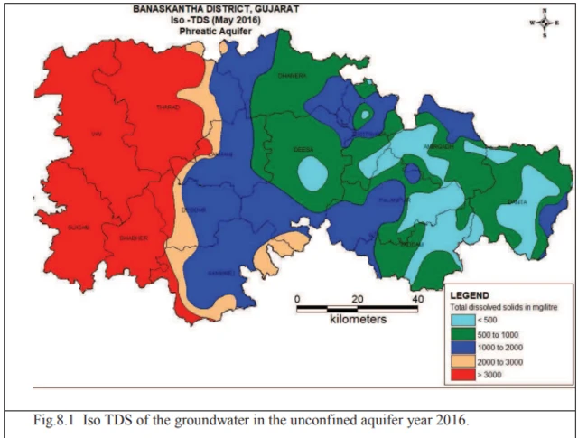 ભૂગર્ભ જળમાં ટીડીએસનું પ્રમાણ. જે વિસ્તાર લાલ રંગમાં છે ત્યાં ટીડીએસનું પ્રમાણ 3000 કરતાં વધુ છે