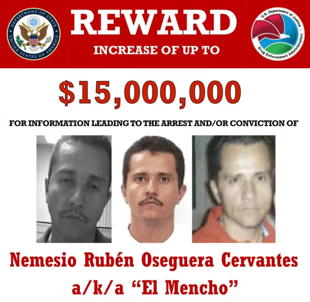 A reward poster for 'El Muncho'. It states: Reward increase of up to £15 million for information leading to the arrest and/or conviction of Nemesio Ruben Oseguera Cervantes aka 'El Mencho'.