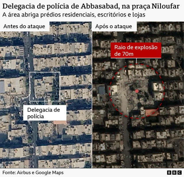 Imagens de satélite de antes e depois mostram a destruição de um prédio da Basij e três edifícios residenciais. Os prédios são visíveis na imagem à esquerda e foram reduzidos a escombros na imagem à direita.