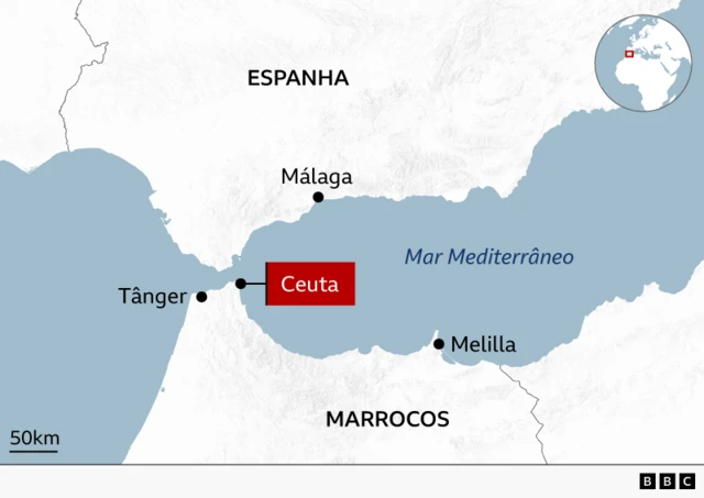 Mapa de parte da Europa e do norte da África, mostrando a localização das cidades de Ceuta e Melilla