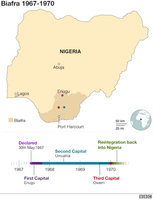 A map showing di territory of Biafra from 1967 to 1970