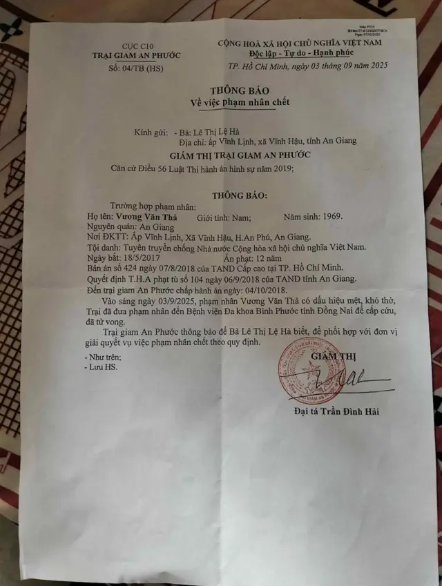 Thông báo của trại giam An Phước