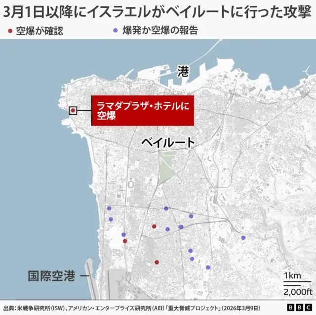 3月1日以降に発生したイスラエルの空爆地点および爆発の報告地点を示すベイルートの地図。地図の上端には海岸線があり、その近くに港が表示され、左下には国際空港が表示されている。地図上には、確認された空爆を示す赤い円と、報告された爆発や空爆を示す紫の円が点在している。攻撃の大半は、市内南部と空港周辺に集中しており、いくつかは東部や南東部に点在している。それとは別に、首都北西の海岸近くに、ラマダプラザ・ホテルへの空爆が赤いラベルで示されている。
