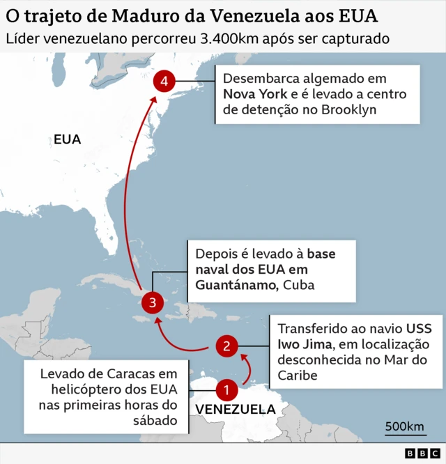Mapa mosta deslocamento de Maduro da Venezuela até NYC, após ser detido pelos EUA