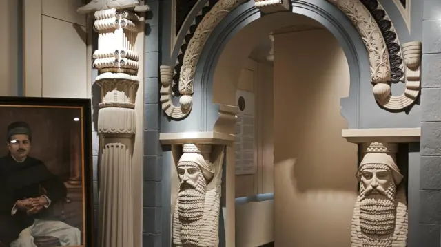 A photo of the fire temple replica in the museum. It is modelled on a prominent Mumbai temple and features sacred motifs inspired by ancient Persian architecture in Iran. 