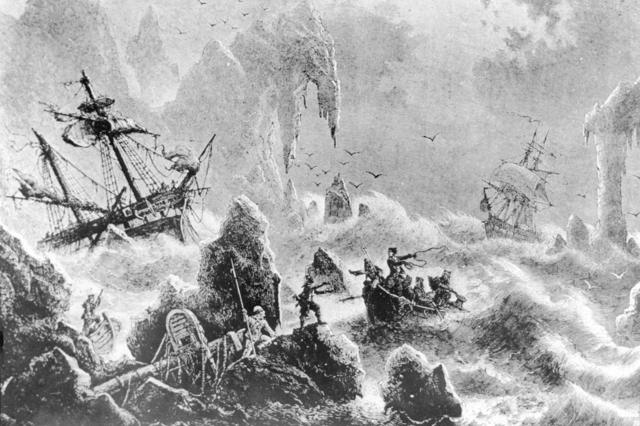 1741, el barco de Vitus Bering naufraga en el mar de Bering, mientras buscaba un paso desde el Océano Pacífico por la cima del continente americano. Bering, un oficial danés al servicio de Rusia, zarpó con dos barcos desde Okhotsk, Rusia, su barco naufragó (Foto de Three Lions/Getty Images)