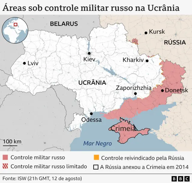 Mapa mostrando as áreas da Ucrânia estão sob controle militar russo ou controle russo limitado
