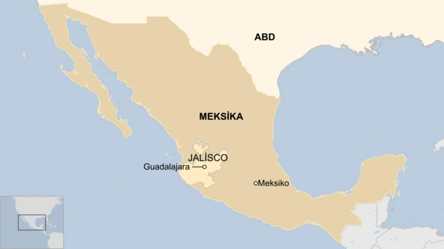 Meksika, Meksiko, Jalisco, Guadalajara ve ABD'nin yerini gösteren bir harita