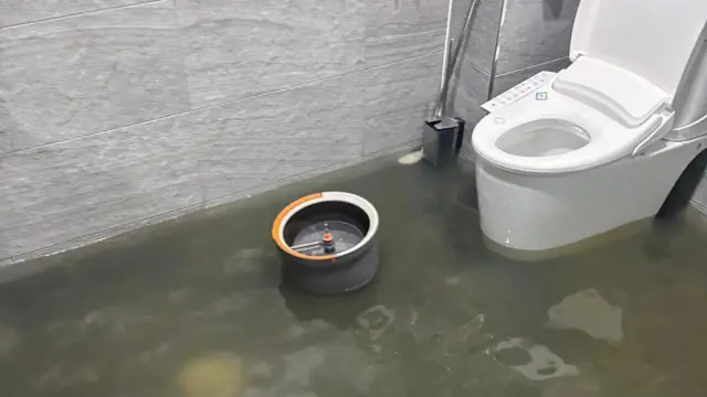 大雨による洪水で、光州市内のカフェのトイレが浸水している。水は黒く濁っていて、洋式便器の一部が水没している