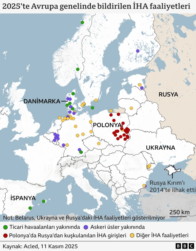 2025 yılında Avrupa genelinde bildirilen İHA faaliyetlerinin haritası - buna Polonya'ya ve havaalanları ile askeri üslerin yakınlarına yönelik şüpheli Rus İHA saldırıları da dahil</p><p>