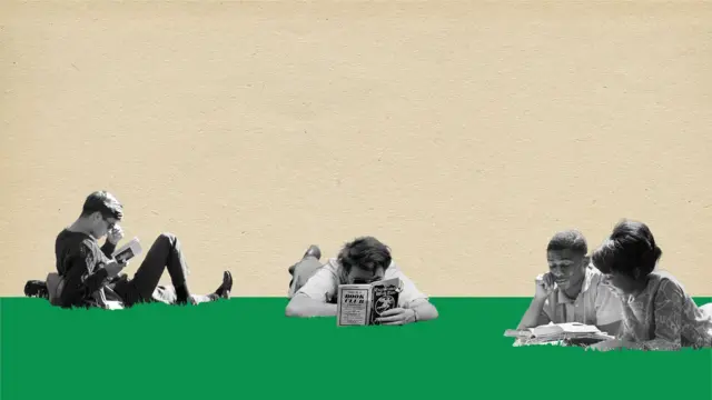 Zemin yeşil renkle değiştirilmiş, insanlar uzanmış kitap okuyor.