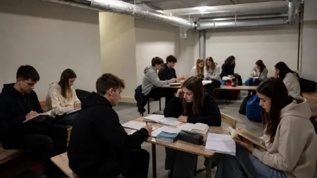 Старшокласники сидять за столами в укритті, чекаючи відновлення НМТ після тривоги.