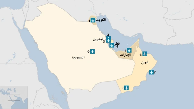 الخريطة توضح وجود القواعد الجوية فقط، دون ذكر القواعد البحرية