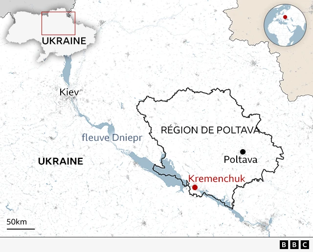 Une carte indiquant l'emplacement de Kremenchuk