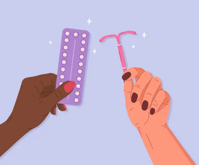 илустрација две женске руке које држе пилуле и спиралу 
