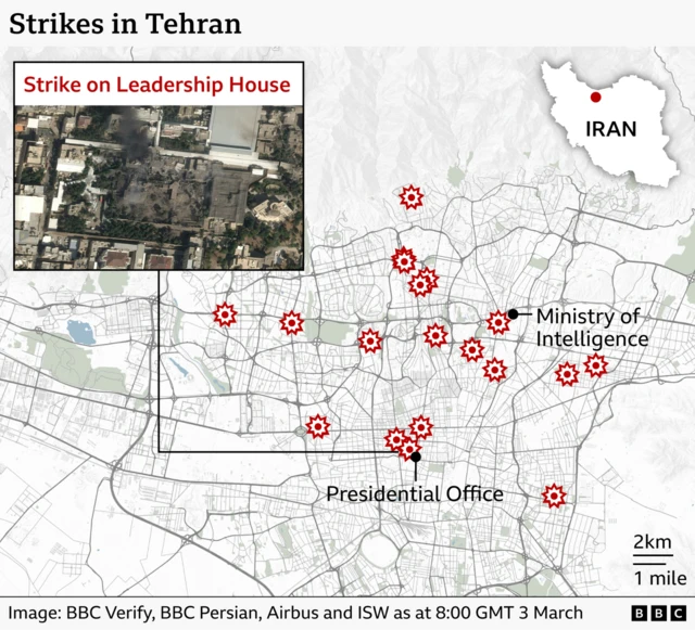 Alt text:
One detailed street‑map of Tehran wey show several locations wey dey marked wit red explosion‑style icons wey show strike sites. For di northern part of di city, one marker sidon for di Ministry of Intelligence. Farther south, cluster of markers show multiple strikes near di Presidential Office. To di east, anoda individual strike marker dey. One box for di upper left show one satellite close‑up labelled “Strike on Leadership House,” wey show one damaged compound wit dark blast marks and surrounding buildings.