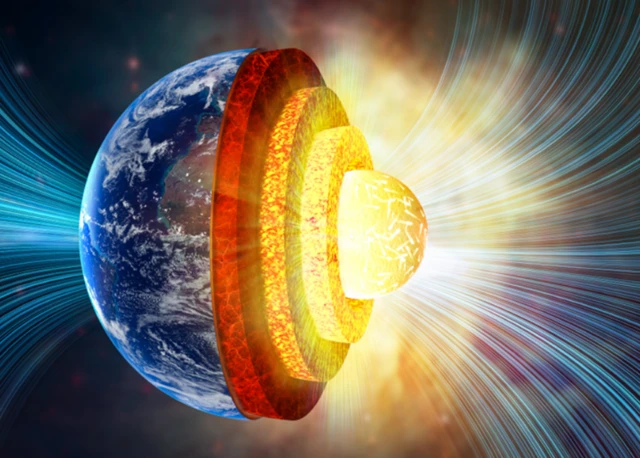 ภาพจำลองโครงสร้างด้านในของโลกและสนามแม่เหล็กโลก