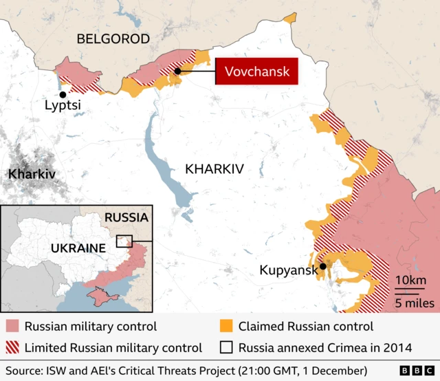 Map dey show where Russian soldiers hold ground for Ukraine near Belgorod on December 1. Red color dey show areas wey dem fully control, red stripes dey show areas wey dem no too hold tight, and yellow dey show areas wey dem claim say dem hold. You go see Belgorod, Vovchansk, Lyptsi, Kharkiv, and Kupyansk for di map. Source na ISW.