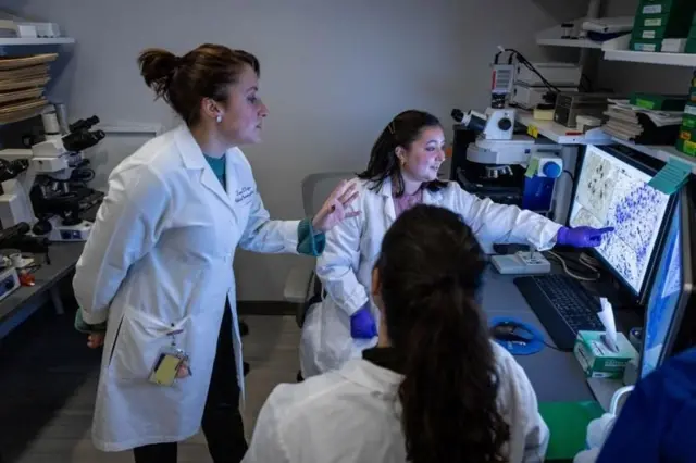 टॅमर गेफेन (डावीकडे) आणि टीममधील सदस्य न्यूरॉन्स आणि न्यूरोपॅथोलॉजीचे फोटो पाहताना
