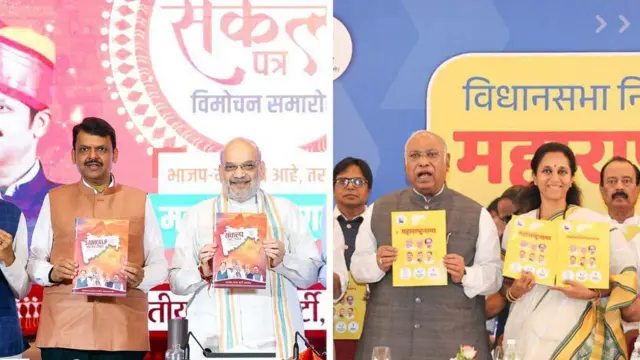 महायुती आणि महाविकासआघाडीचे नेते निवडणूक जाहीरनामा प्रकाशित करताना...