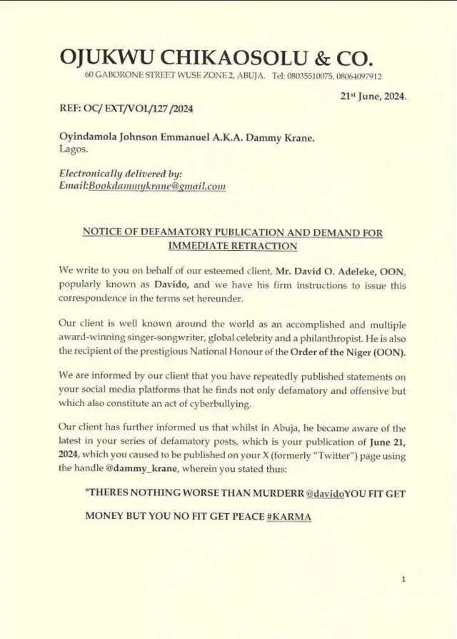 Lẹta ti lọọya Davido kọ si Dammy Krane