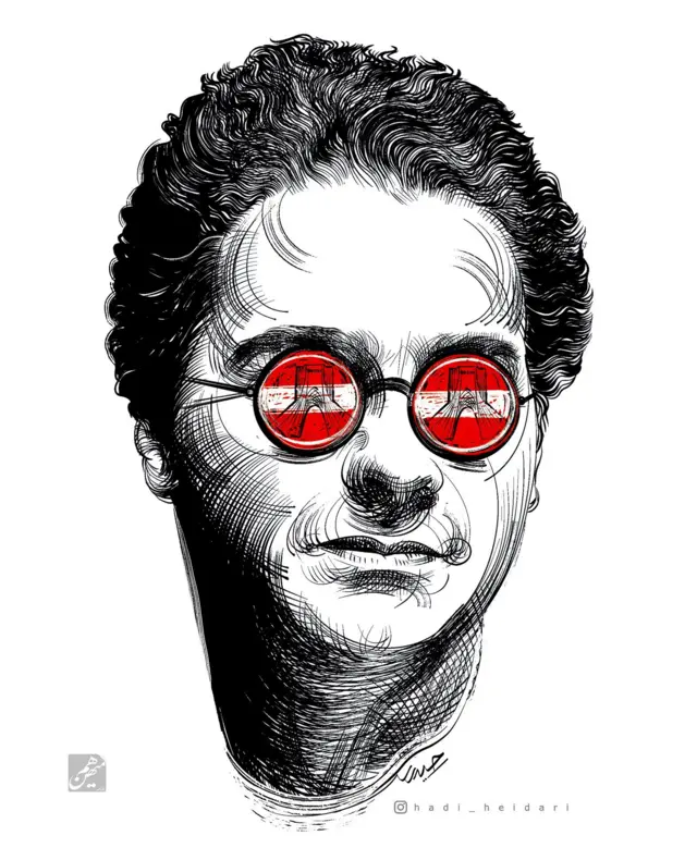 کاریکاتور همایون شجریان با عینکی با طرح علامت ایست جاده را دارد، کاری از هادی حیدری که در روزنامه هم‌میهن منتشر شده است 