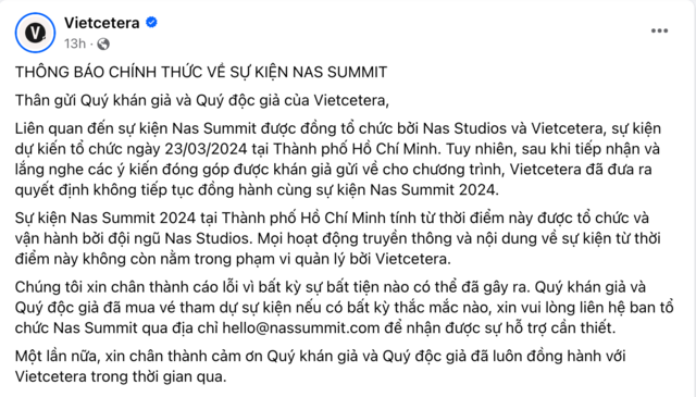 Thông báo của Vietcetera về việc ngưng hợp tác với đội ngũ Nas Studios