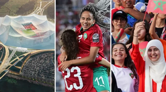 صورة مركبة تضم مشجعات يحملن علم المغرب، ولاعبات في المنتخب المغربي، وملعب كرة قدم.