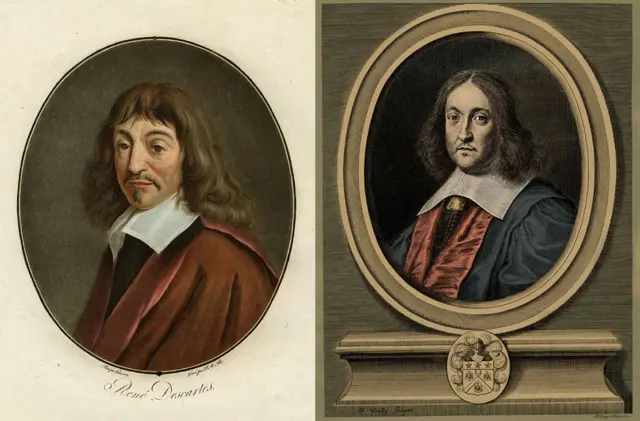Retratos ovalados de Descartes y Fermat, ambos serios, con cabello oscuro hasta los hombros, bigote y con vestiduras vinotinto y negras, y grandes cuellos blancos. 