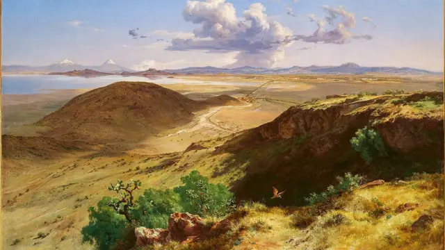 Valle de México, con lagunas, rocas, caminos, ciudades y montañas