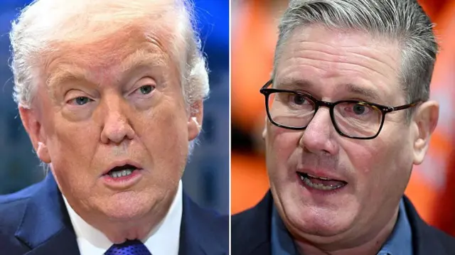 (COMBO) Una combinación de fotos de archivo creada el 3 de marzo de 2026 muestra al presidente de los Estados Unidos, Donald Trump (izquierda), hablando durante una conferencia de prensa en la Sala de Conferencias de la Casa Blanca en Washington, DC, el 20 de febrero de 2026; y al primer ministro británico, Keir Starmer (derecha), hablando durante una sesión de preguntas y respuestas mientras visita un depósito de trenes en Cardiff, Gales, el 18 de febrero de 2026. (Foto de Matthew HORWOOD y Mandel NGAN / POOL / AFP vía Getty Images)