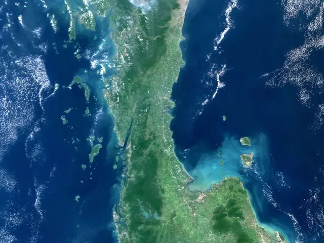 CHUMPHON, THAILAND - 31 MARCH 2020: The Kra Isthmus in Thailand is the narrowest part of the Malay Peninsula and also the proposed location of the Chumphon-Ranong land bridge project in Southern Thailand. (Photo by Gallo Images/Orbital Horizon/Copernicus Sentinel Data 2021)