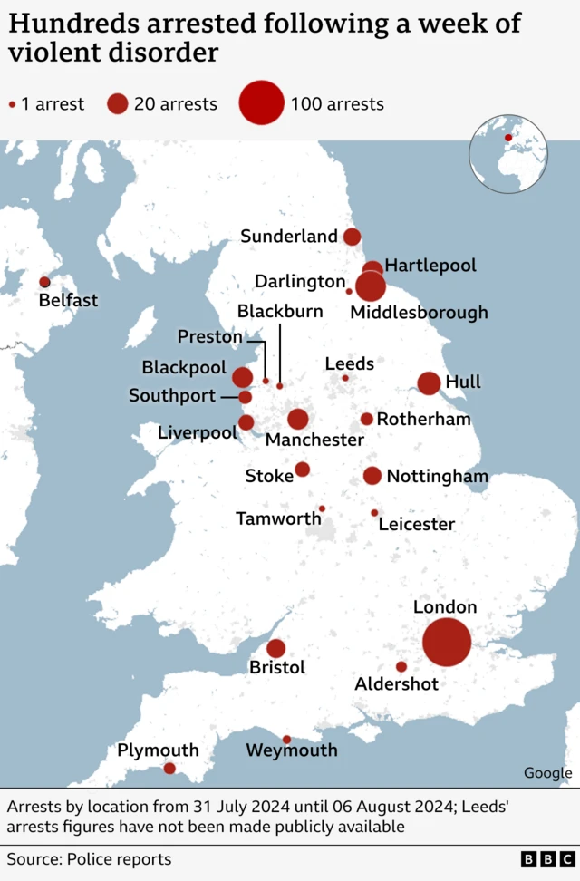 Map showing number of arrests around parts of the UK