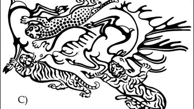 A black line drawing illustration of the tattoos on the woman's right forearm. It shows three leopards encircling a stag with horns and what look like wings.