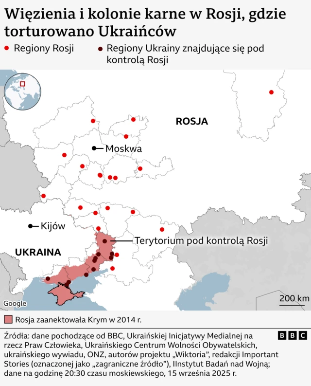 Mapa Rosji pokazująca więzienia i kolonie, w których rzekomo torturowano ukraińskich jeńców wojennych i cywilów.