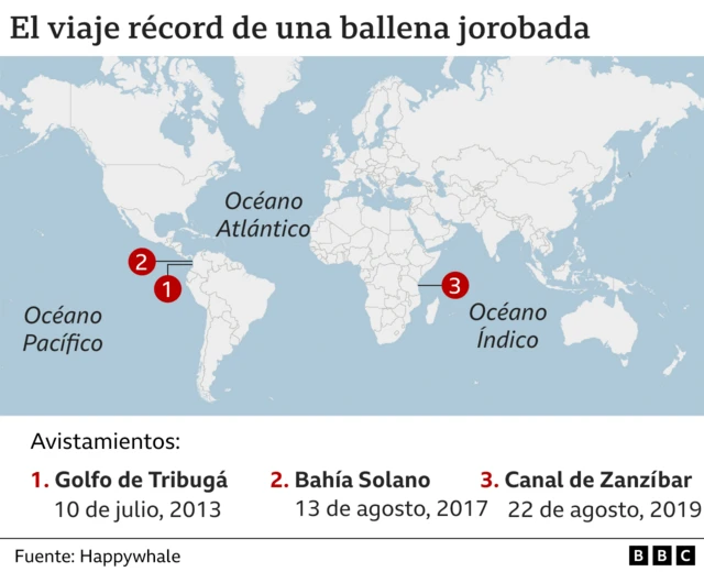 Mapa que muestra algunos de los avistamientos de la ballena en su viaje